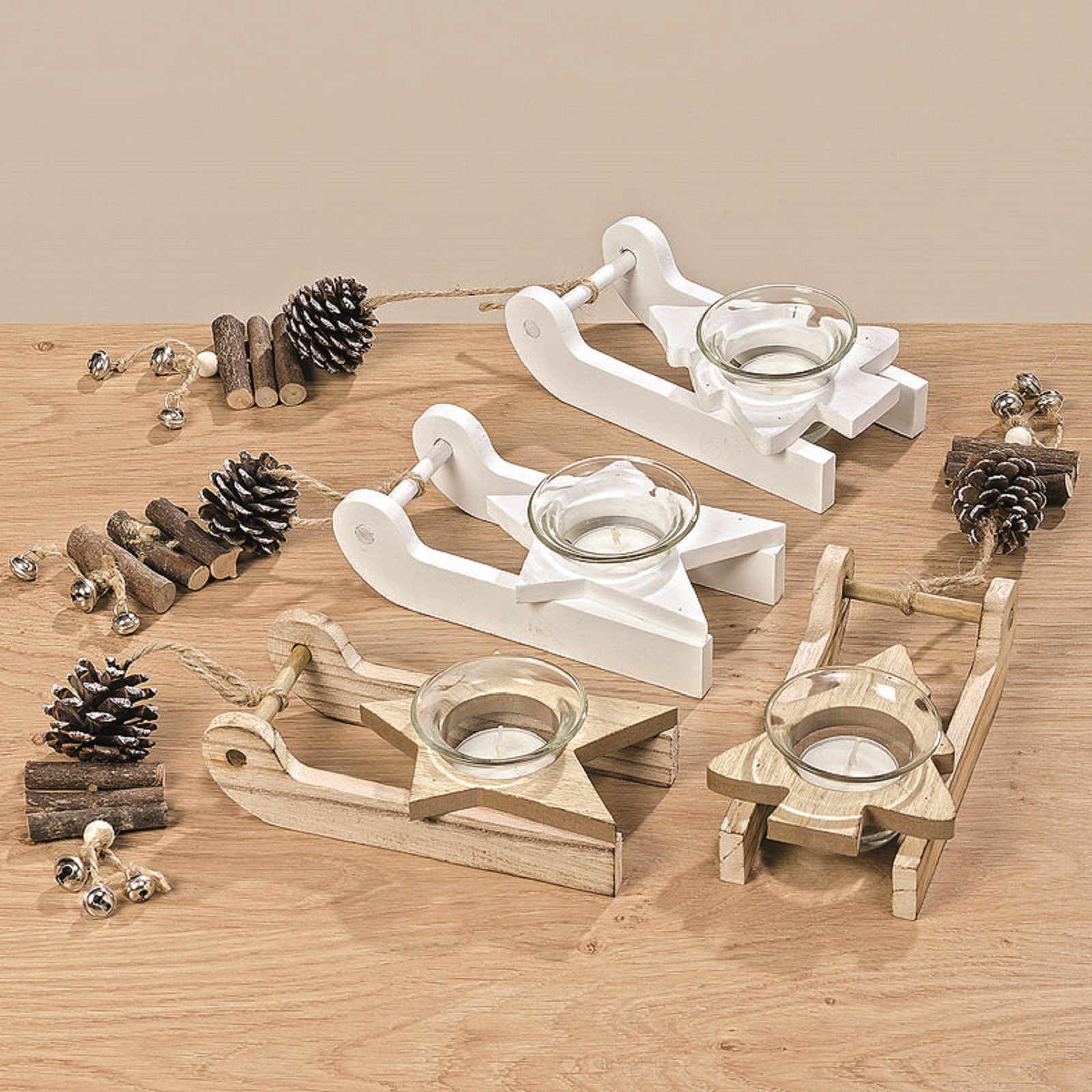 Teelichthalter Schlitten Holz H 4 cm natur und weiß 2er Set