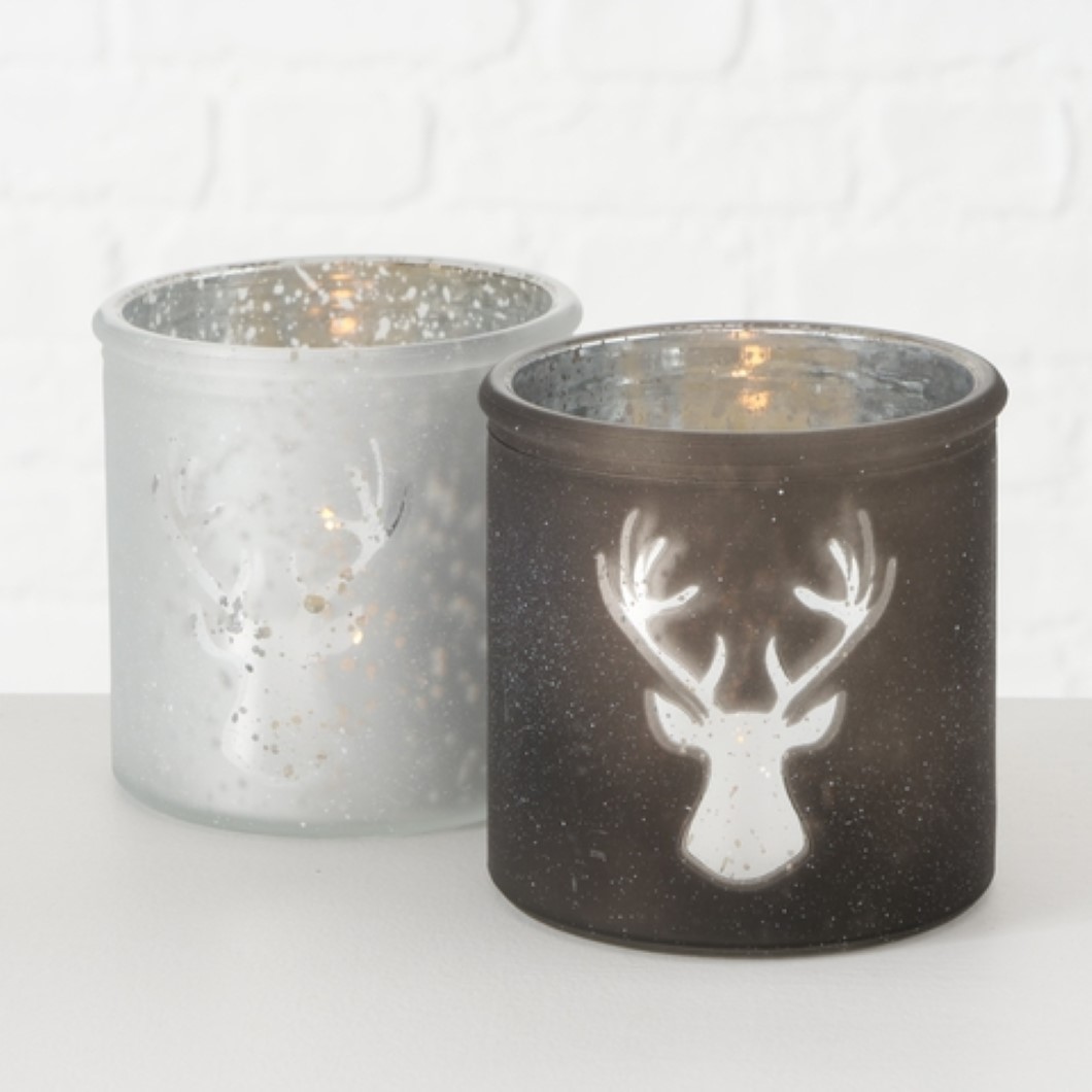 Windlicht Kerzenhalter Teelichthalter Motiv  Hirsch  grau silber weiß Stück