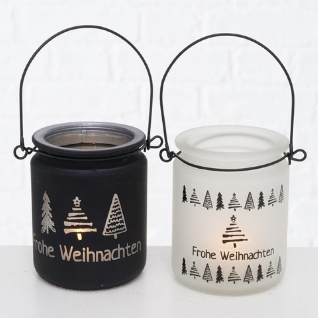 Windlicht Kerzenhalter Teelichthalter Frohe Weihnachten schwarz weiß 2er Set