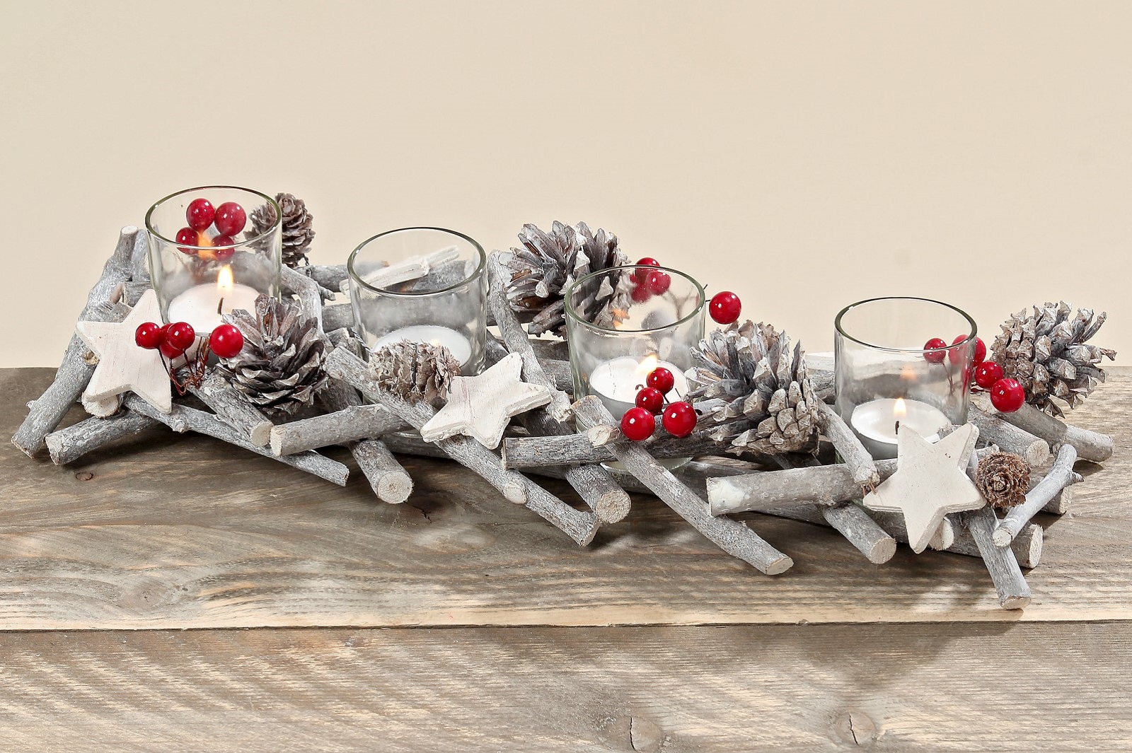 Windlichthalter aus Zweigen Zapfen mit 4 Gläser Weihnachten Advent L 39 cm