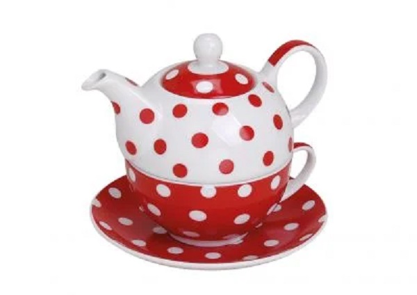 Teekannen-Set mit Tassen und Teller Porzellan Teatime rot weiß gepunktet 3 tlg