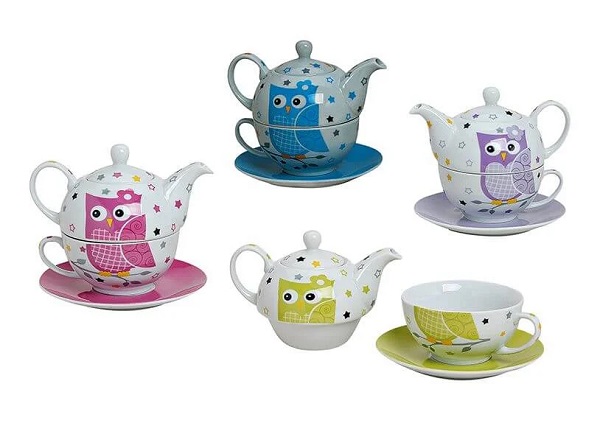 Teekannen-Set mit Tassen und Teller Porzellan Teatime Eule 3tlg Farbauswahl