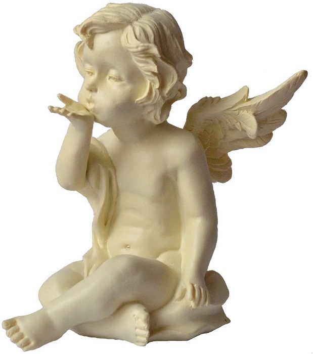 Engel sitzend mit Flügeln und Kusshand  Figur aus Poly  12 cm groß